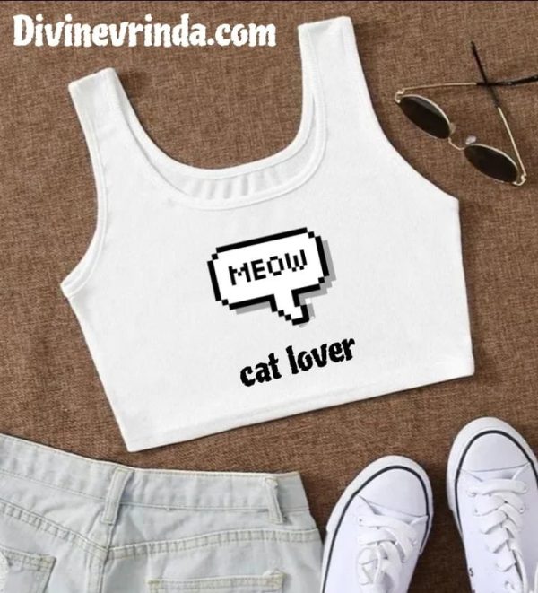 White Sleeveless Meow Crop Top